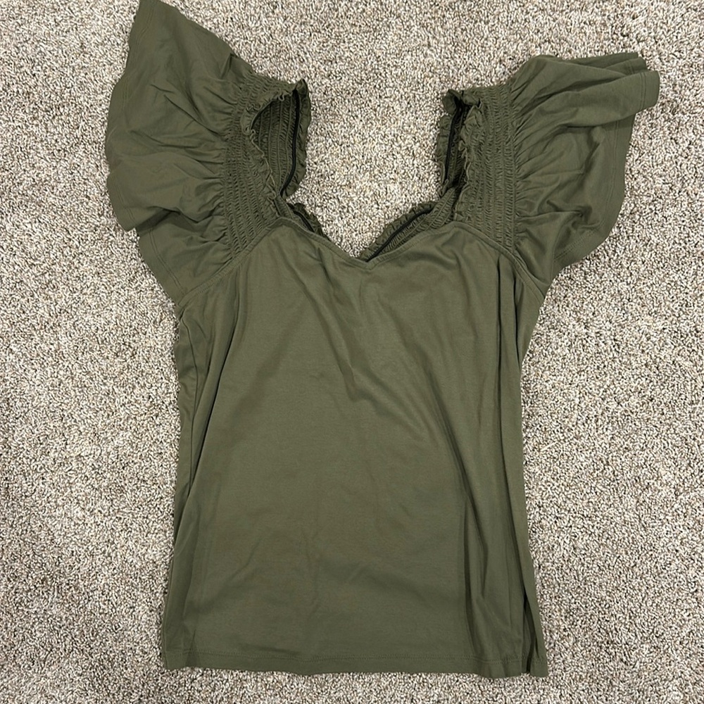 Ann Taylor Olive Green Crochet Accent Top